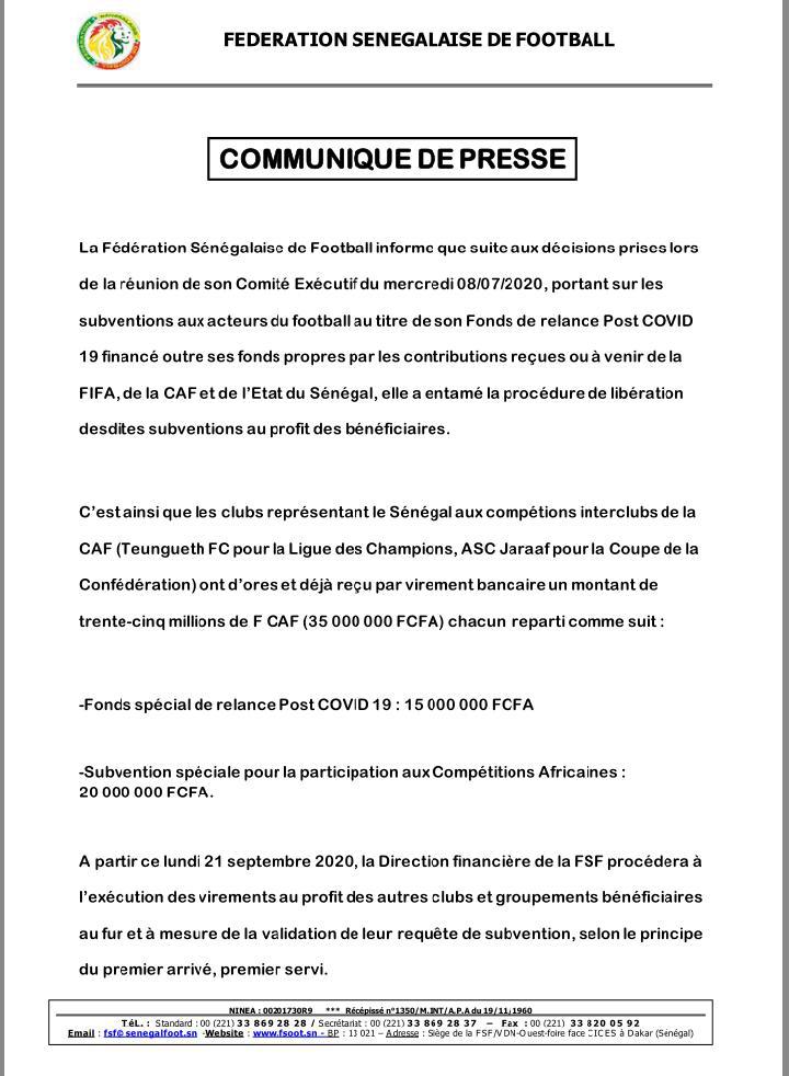 Subventions: Jaraaf et Teungueth Fc empochent 70 millions FCfa