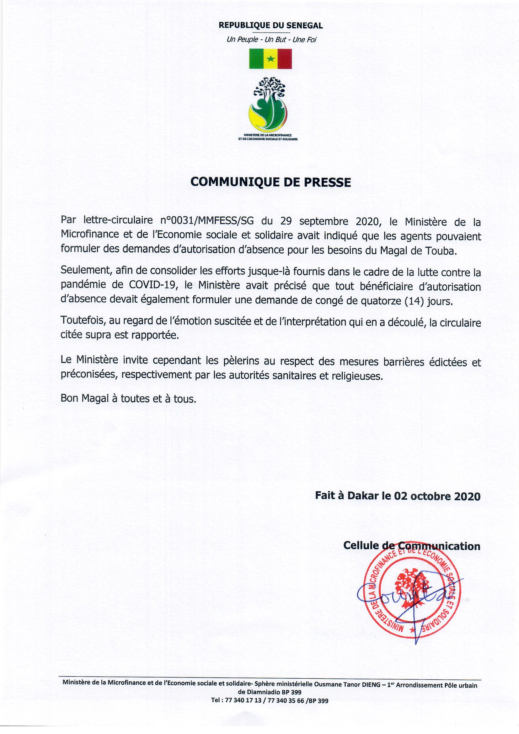 Covid-19 et Magal de Touba: Précision du Ministère de la Microfinance suite à la lettre circulaire du 29 Septembre 2020