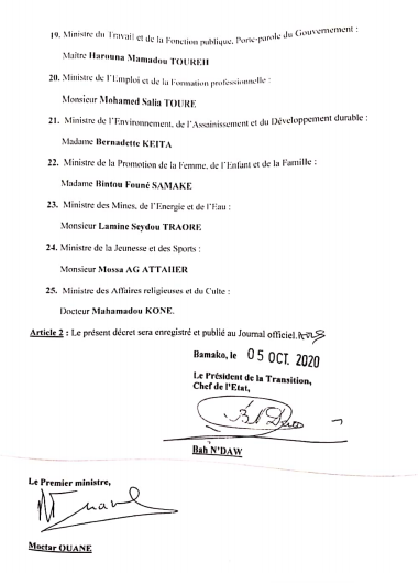 Document - Mali: La nouvelle liste gouvernementale, la fille d'Alpha Omar Konaré, ministre de...