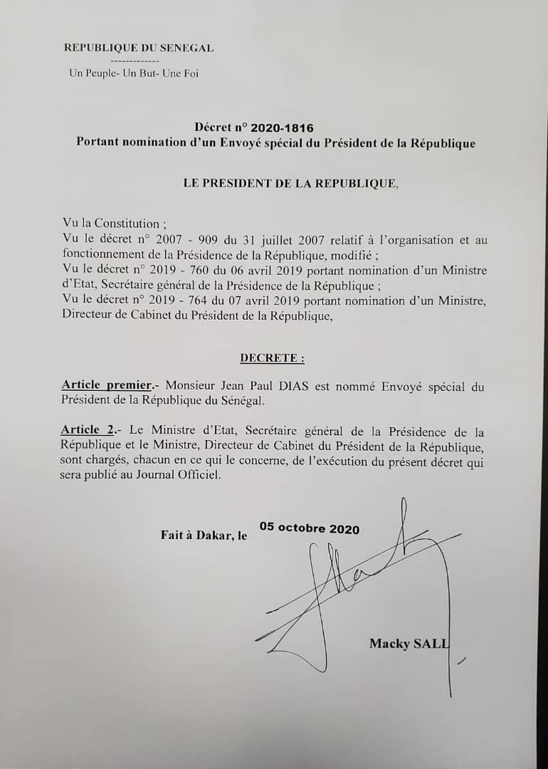 Le Président Macky Sall a nommé Jean Paul Dias, ancien ministre, Envoyé spécial du président de la République
