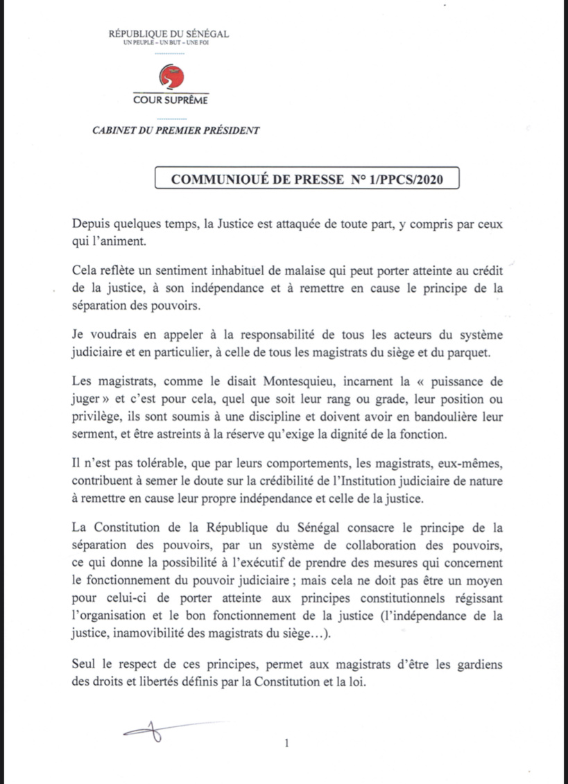 Affaire Téliko - Ministre de la Justice: Le président de la Cour suprême recadre les concernés