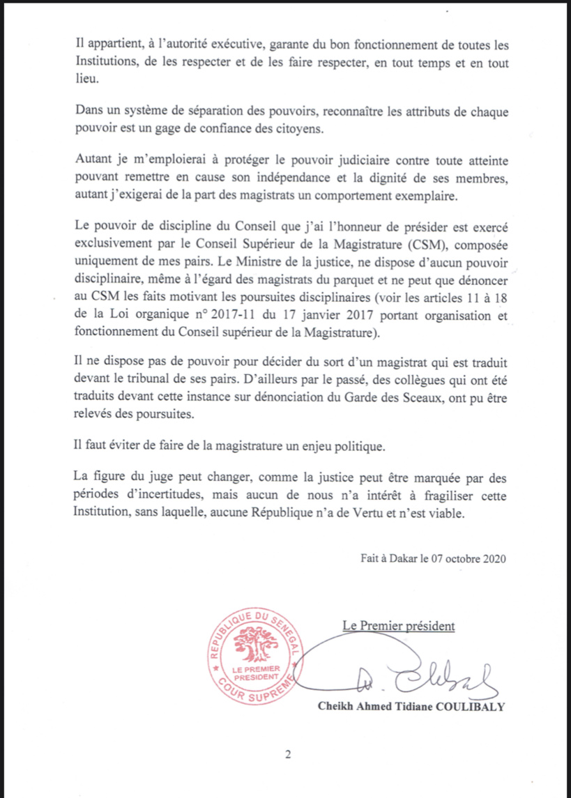 Affaire Téliko - Ministre de la Justice: Le président de la Cour suprême recadre les concernés