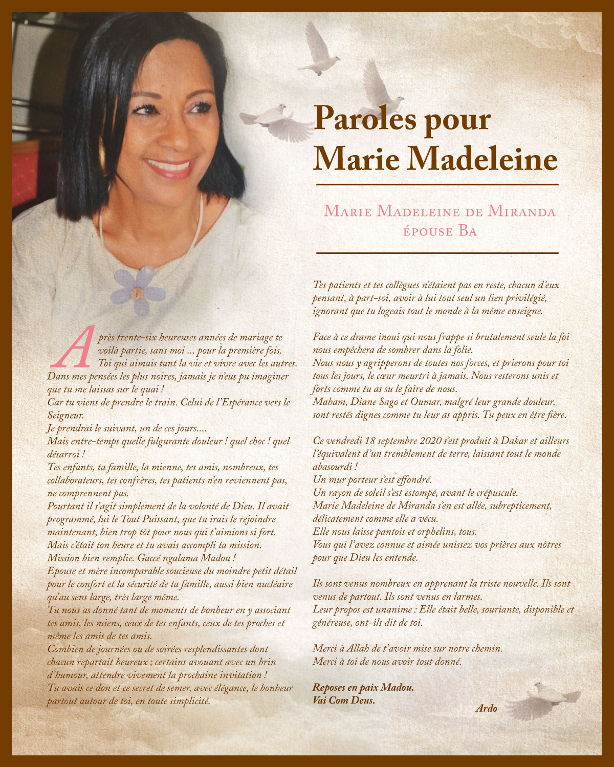 Paroles pour Marie Madeleine: Après 36 heureuses années, te voila partie... sans moi... - Ardo