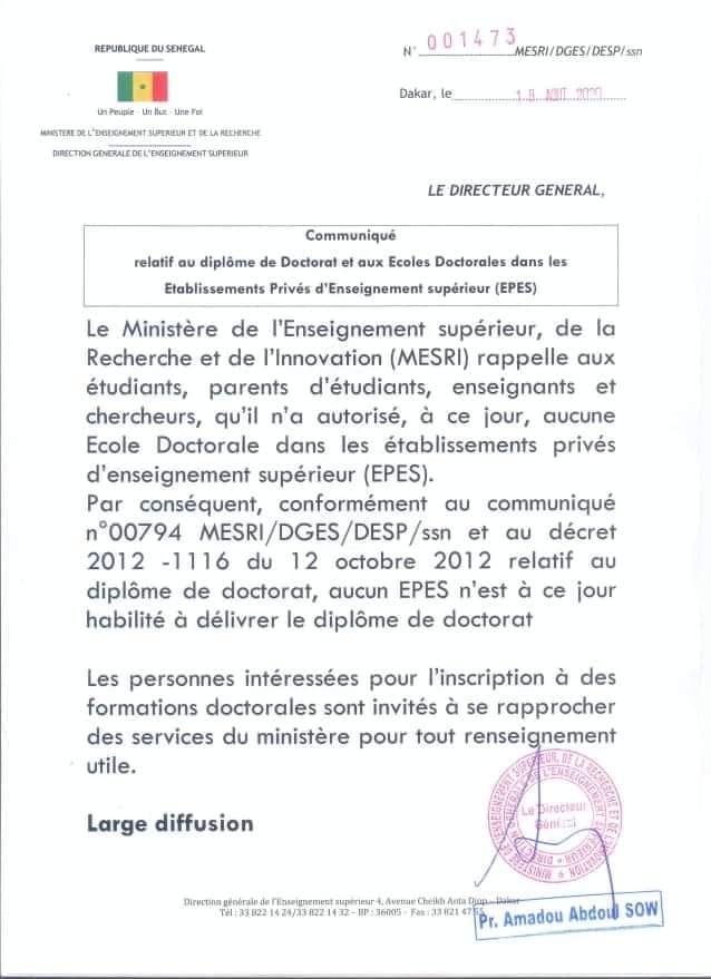 Ecoles doctorales dans les établissements privés: le ministère de l'Enseignement supérieur apporte des précisions...