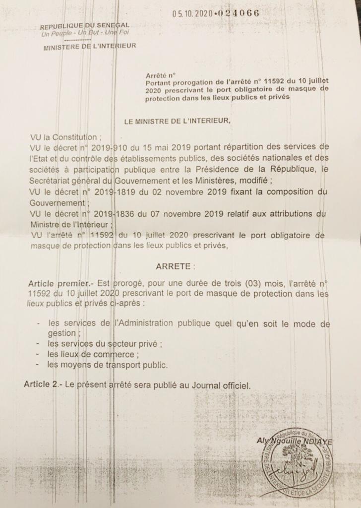 Interdiction des rassemblements dans les lieux publics et port de masque: Aly Ngouille Ndiaye proroge l'arrêté pour 3 mois
