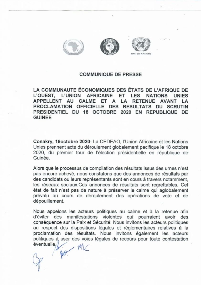 Présidentielle en Guinée: La CEDEAO, l'Ua et les Nations-Unies appellent au calme et à la retenue