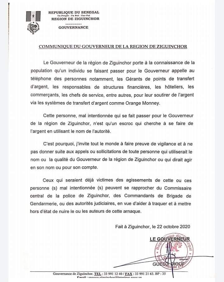 Escroquerie: Un individu se fait passer pour le gouverneur de Ziguinchor