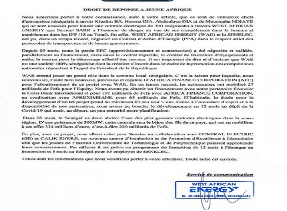 Article de  Jeune Afrique sur leur groupe: le Droit de réponse et éclairage de West African Energy