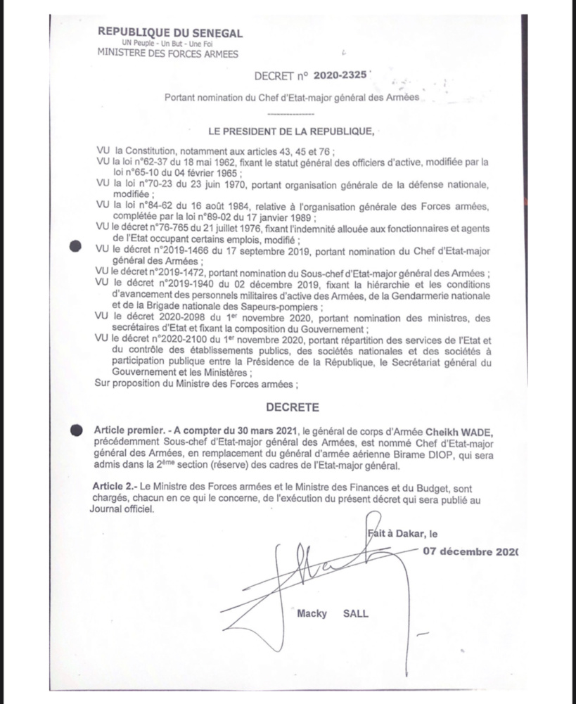 Chef d’Etat-Major Général des Armées: Macky remplacera Birame Diop par Cheikh Wade à partir du 30 mars 2021