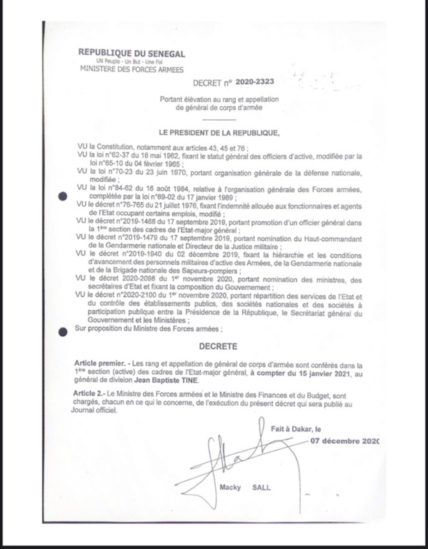 GENDARMERIE: Jean Baptiste Tine, promu Général de Corps d’Armée (DÉCRET)