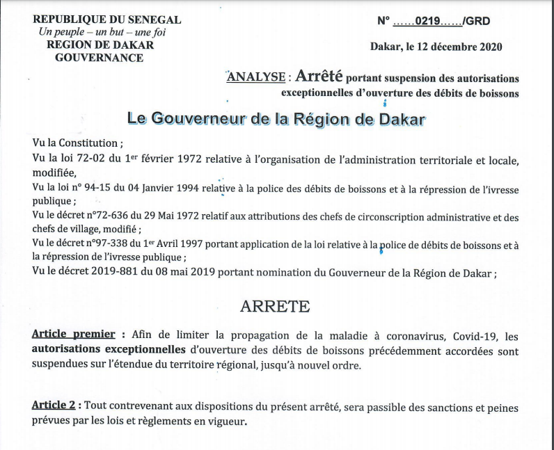 Suspension des autorisations exceptionnelles d'ouverture des débits de boissons: Le Gouverneur de Dakar sort un arrêté