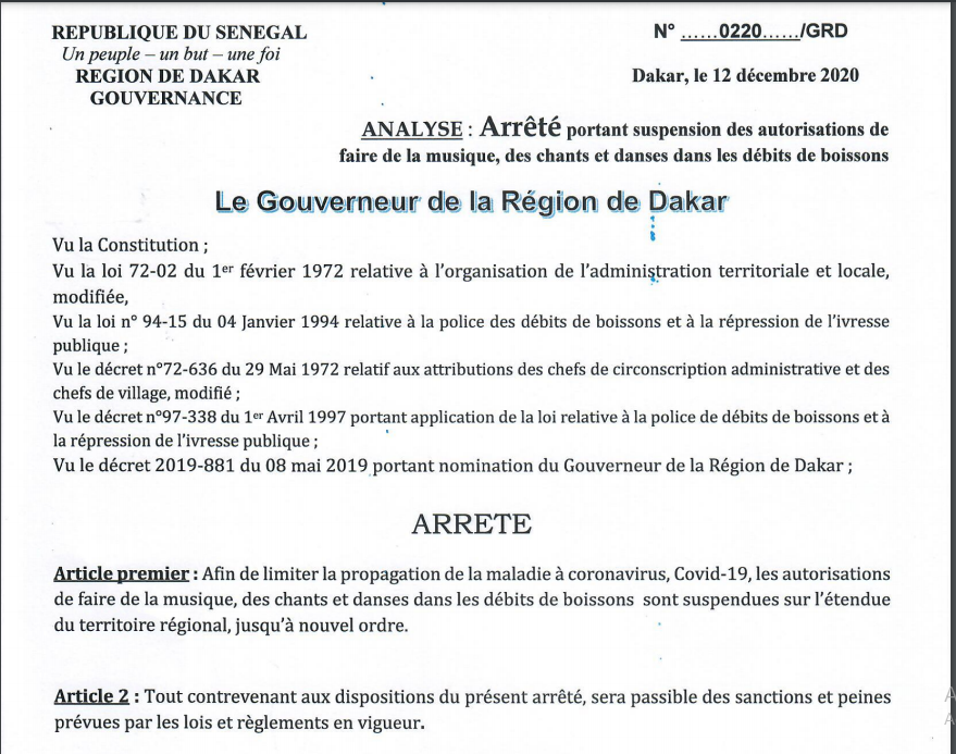 Voici l'arrêté portant suspension des autorisations de faire de la musique, des chants, et danses dans les débits de boissons(Documents)