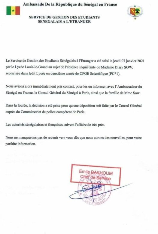 Disparition de Diary Sow: "Les autorités sénégalaises et françaises suivent l'affaire de très près"