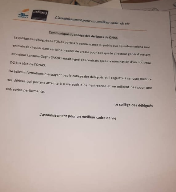 Supposés contrats indus: Des délégués de l’Onas se démarquent et blanchissent Lansana Gagny Sakho