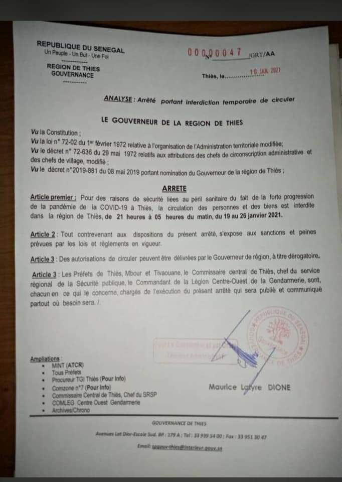 Couvre-feu, interdiction de manifestation… : voici les arrêtés des gouverneurs de Dakar et Thiès