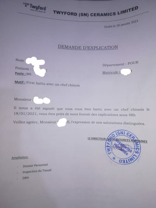 Usine Twyford: "Attaqué avec une barre de fer par un Chinois, un travailleur sénégalais menacé de licenciement"