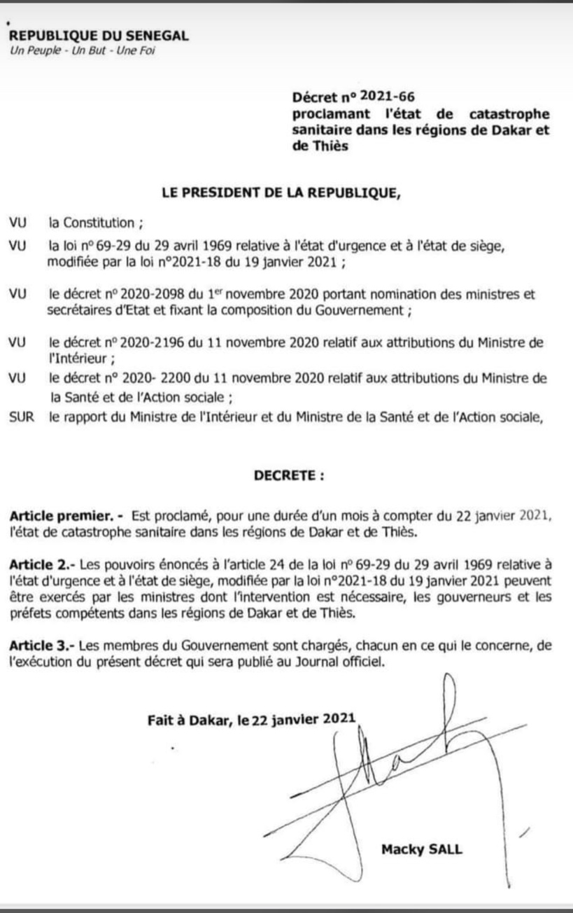 La Présidence sort le décret qui proroge le couvre-feu à Dakar et à Thiès pour un mois