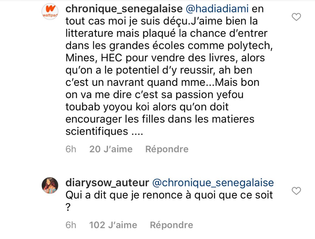 Commentaire sur Instagram: Diary Sow recadre un follower: « Qui t’a dit que...»