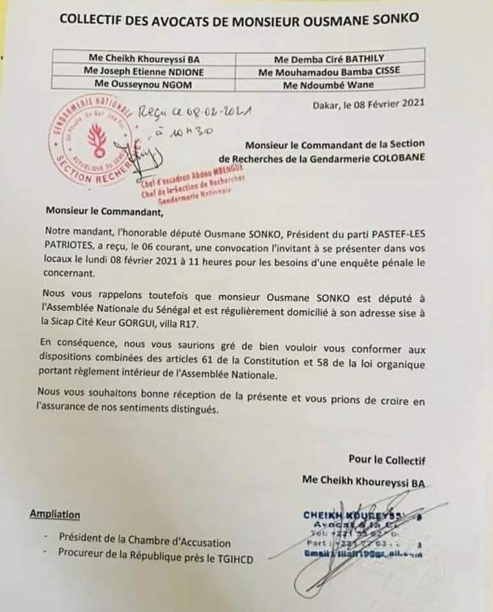 Section de recherche: les avocats de Sonko mettent la pression sur le commandant