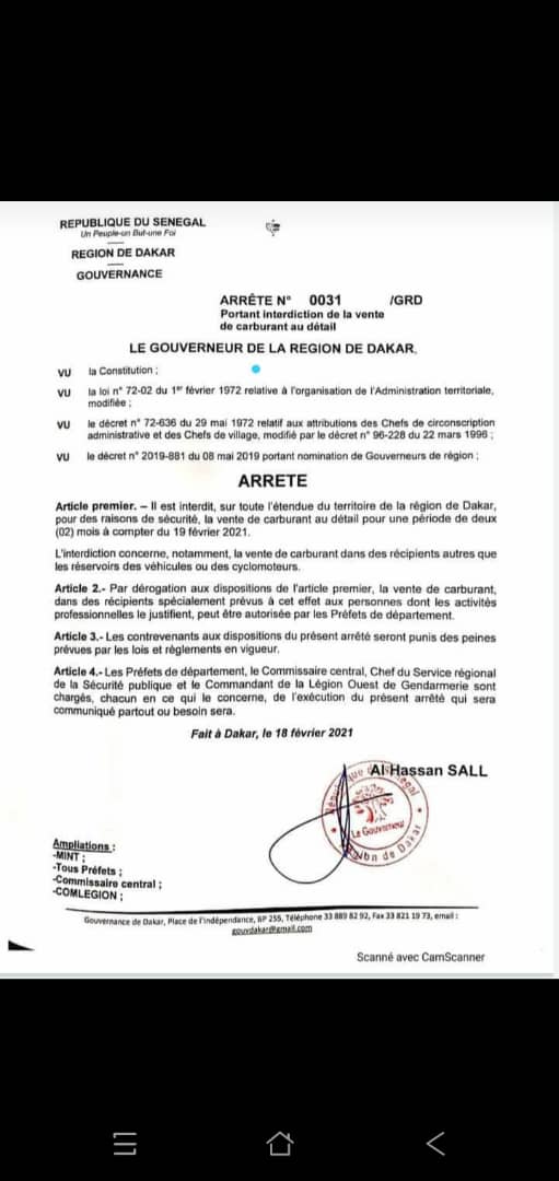 Interdiction de la vente de carburant au détail à Dakar, pour des raisons de sécurité