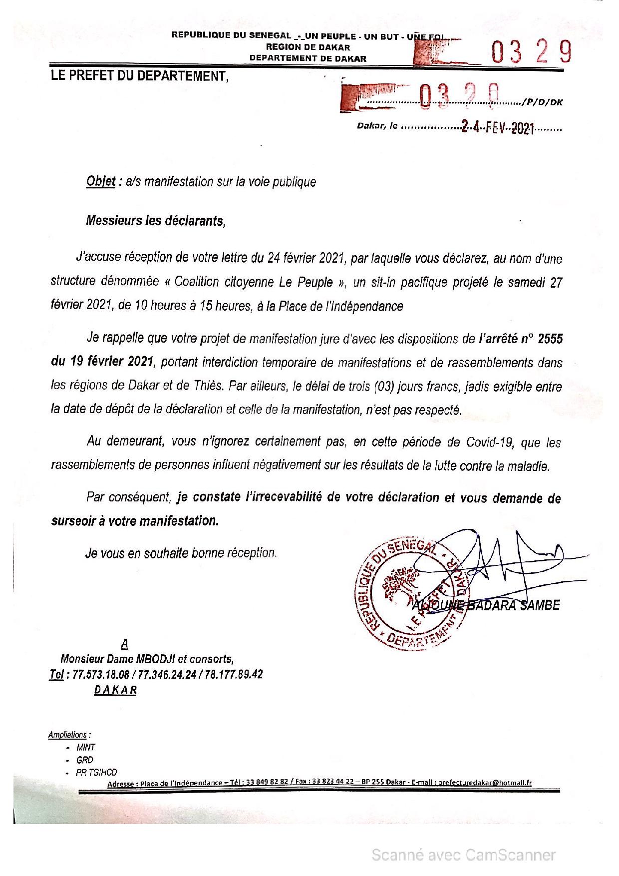 Covid-19: Le préfet de Dakar interdit la marche de Dame Mbodj et consorts...