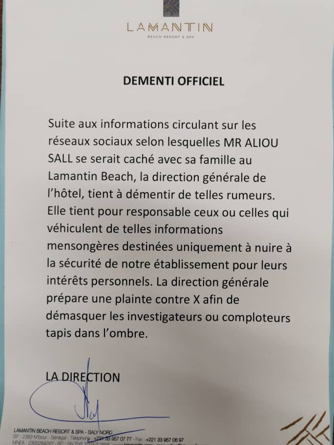 Fake News: Aliou Sall n'est pas logé au Lamantin Beach (la Direction) 