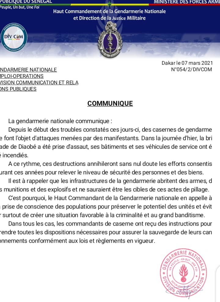 Attaques contre les casernes, la Gendarmerie avertit
