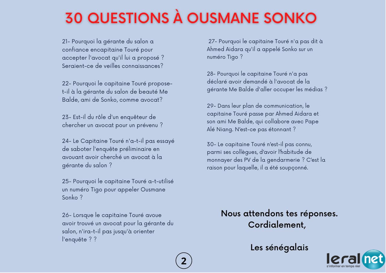 30 QUESTIONS A OUSMANE SONKO ET AU CAPITAINE TOURE 30 QUESTIONS A OUSMANE SONKO ET AU CAPITAINE TOURE