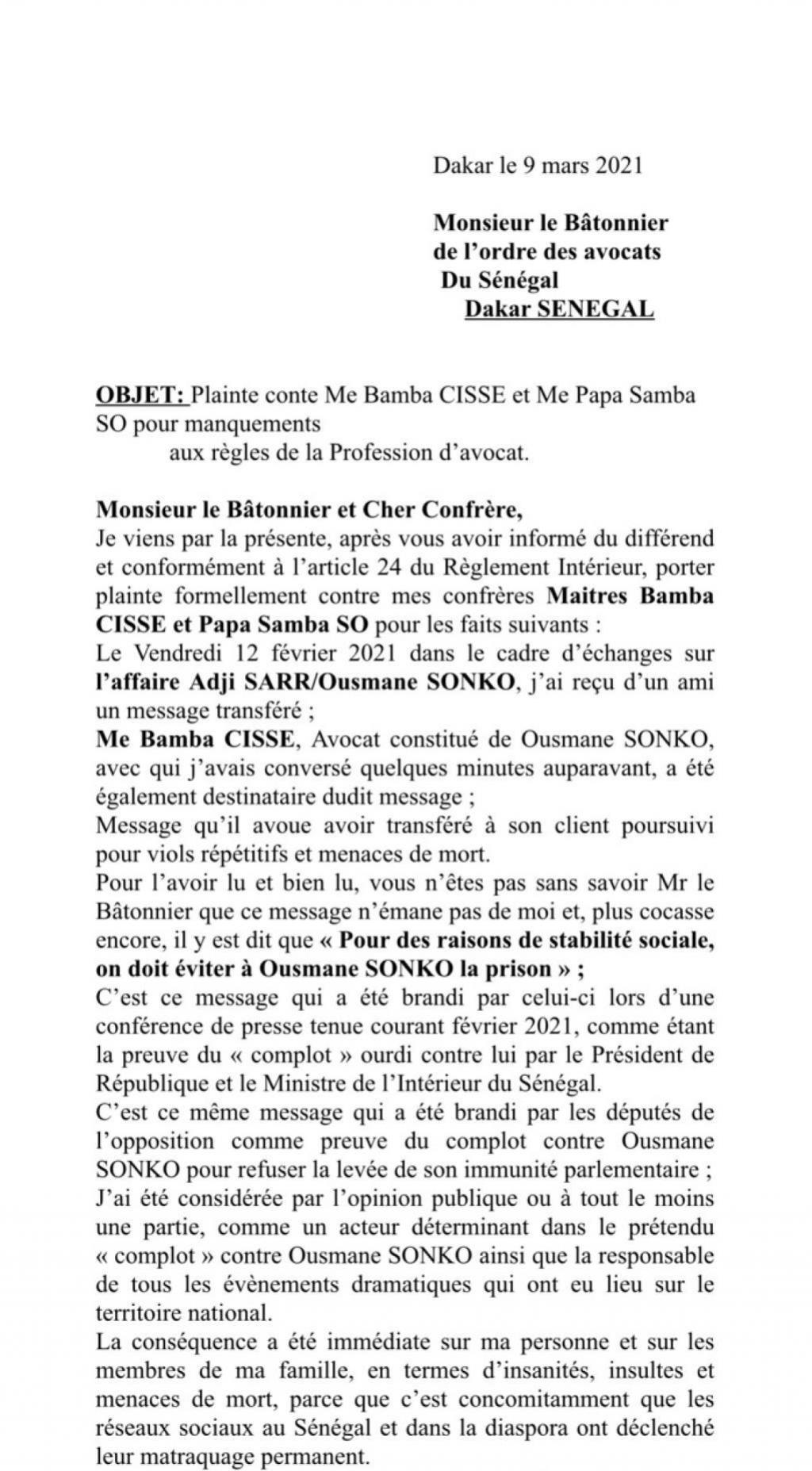Voici le document qui confirme la plainte de Me Dior Diagne contre Me Bamba Cissé