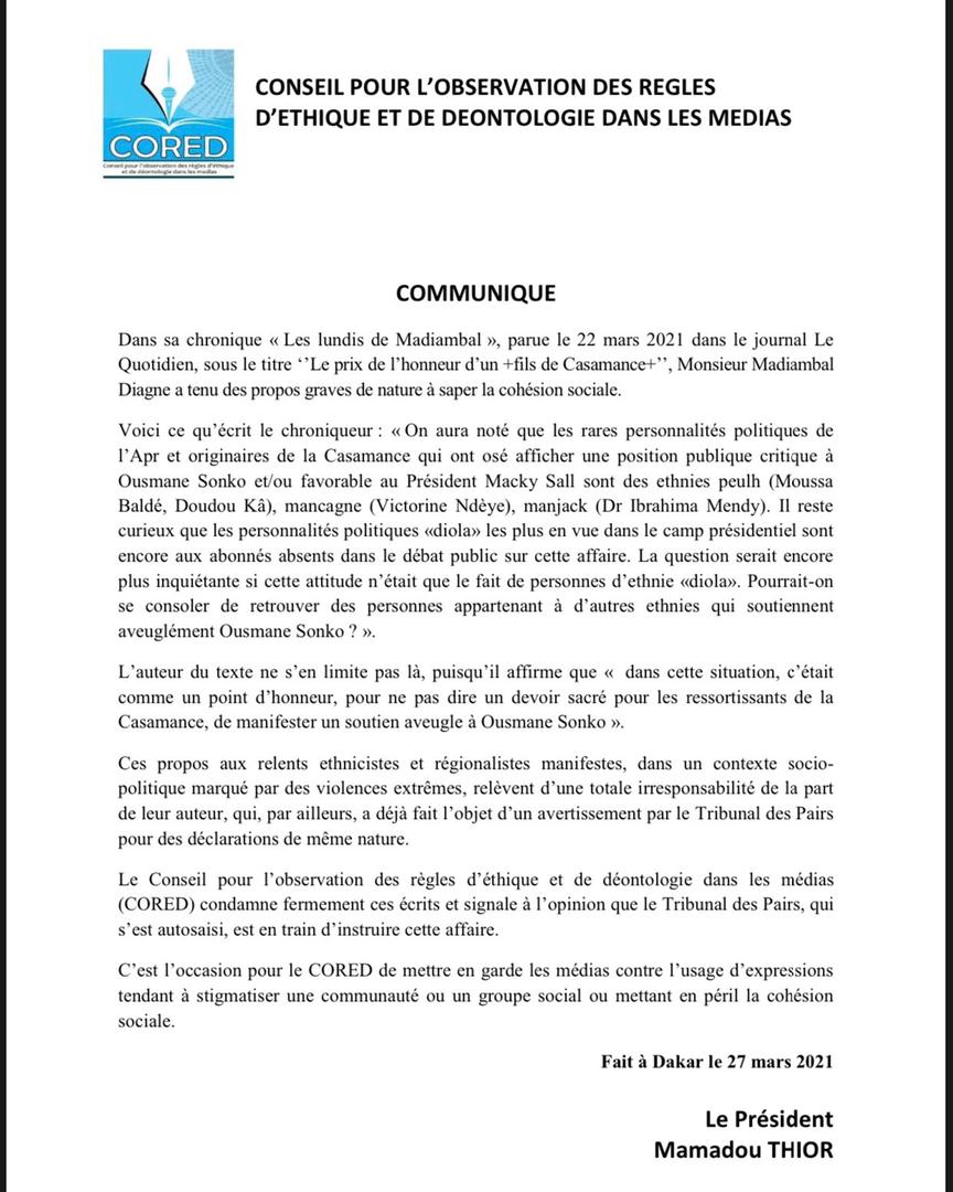 Le Cored condamne les propos "ethnicistes" de Madiambal Diagne