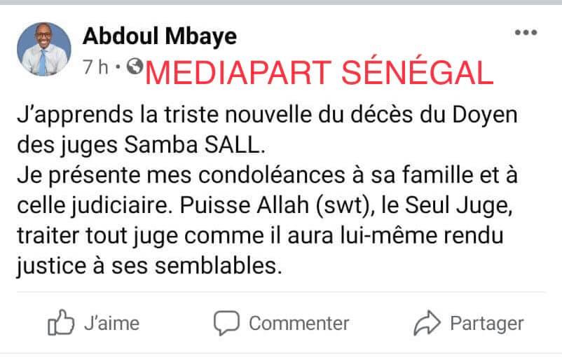 Décès du juge Samba Sall: Lynché sur les réseaux sociaux, Abdoul Mbaye supprime son texte sur Facebook et Twitter