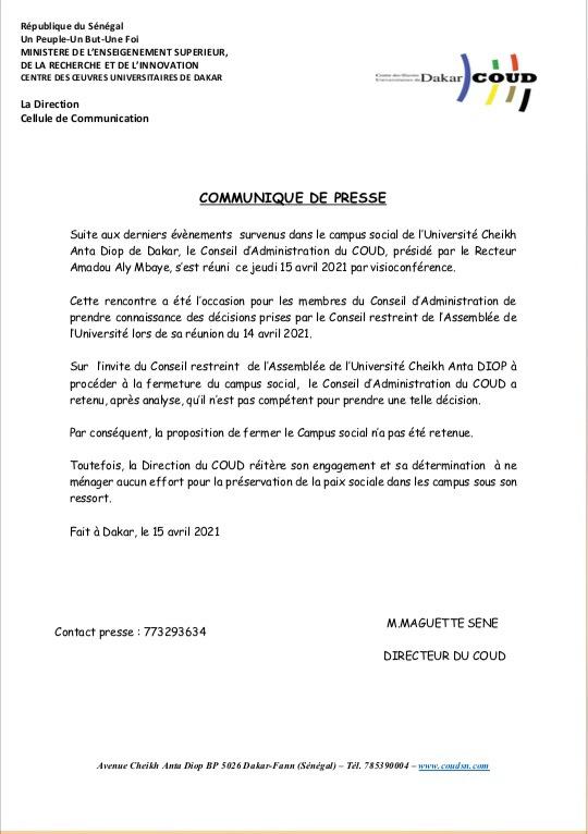 Réunion du Conseil d'administration de l'Ucad: La proposition de fermer le campus social, rejetée