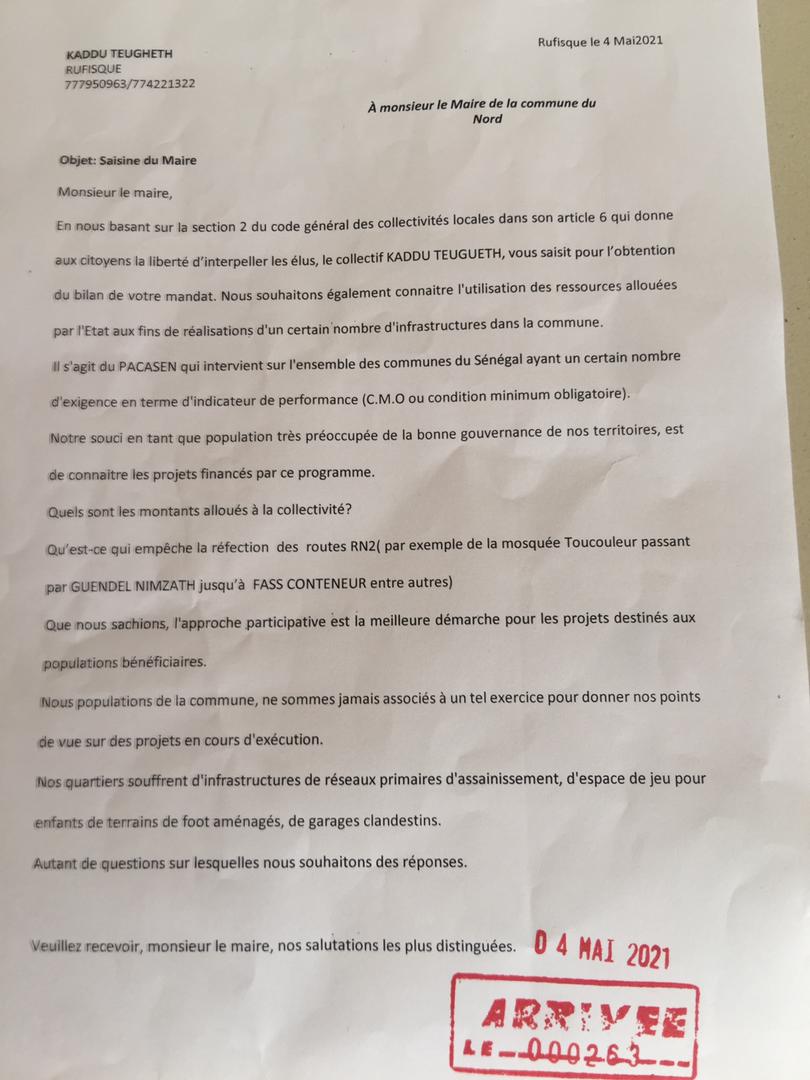 Le collectif Kaddu Teungueth interpelle le maire de Rufisque Nord sur sa gestion et demande des explications sur l’utilisation des fonds du Pacasen…