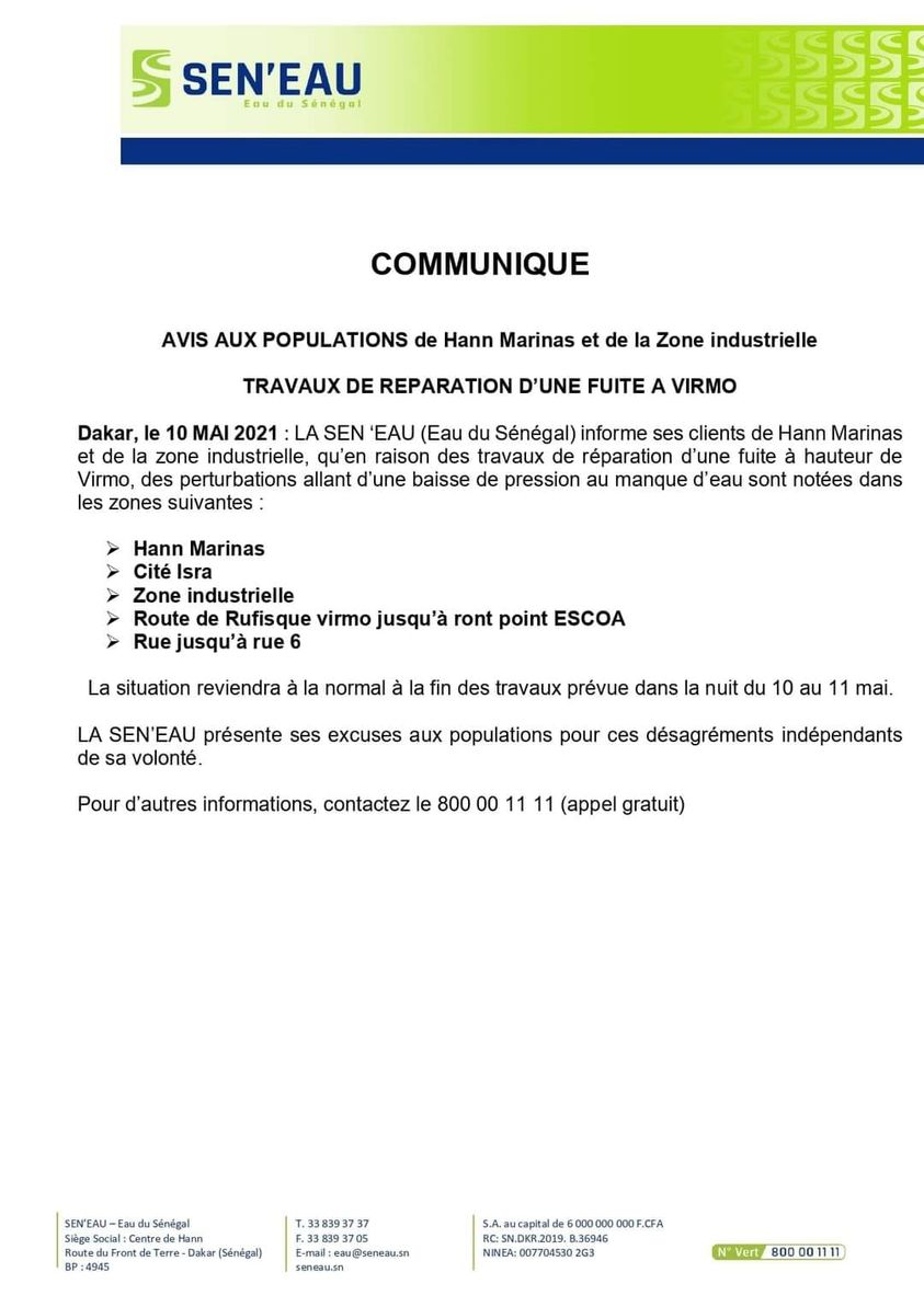 Distribution de l'eau: Sen'Eau annonce des perturbations dans certaines zones