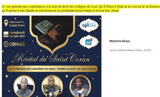 Décès de trois agents de Leral Les condoléances et prières de Mademba