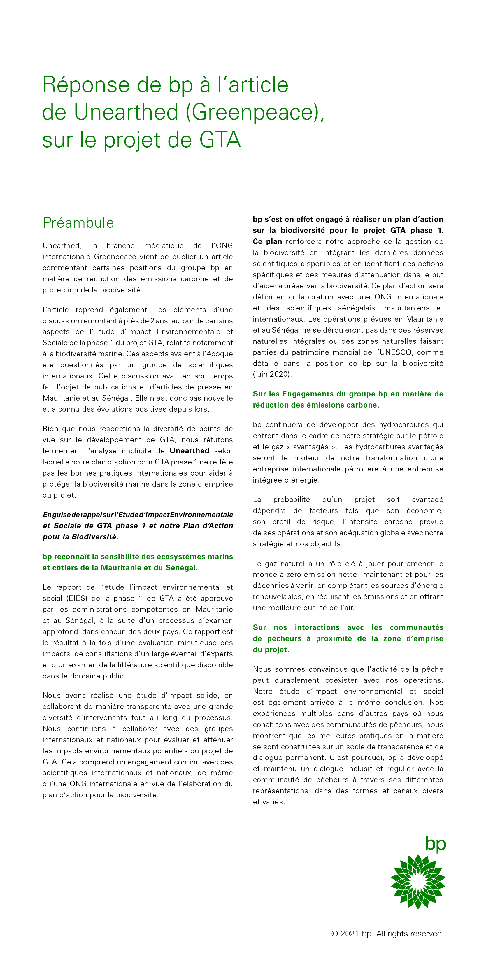 Réponse de British Petroleum à l'article de Unearthed (Greenpeace), sur le projet de GTA