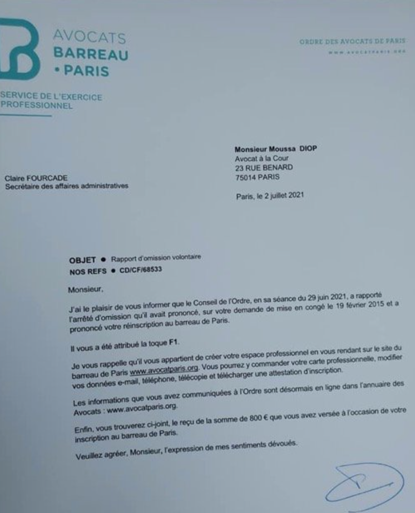 Débarqué de DDD: Me Moussa Diop réintègre le Barreau de Paris