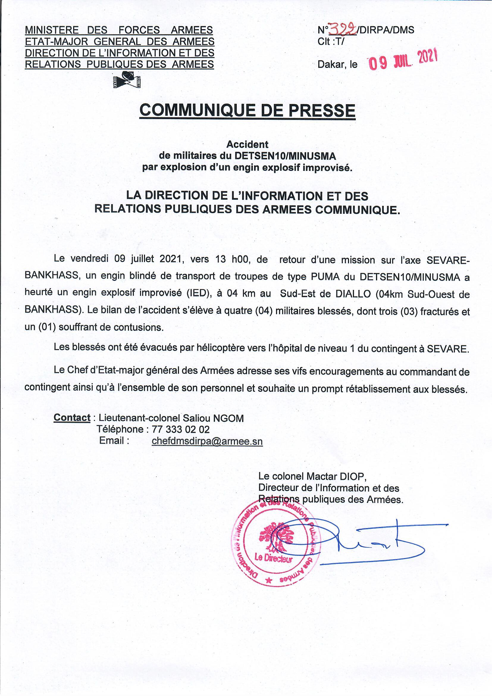 Accident de militaires par l'explosion d'un engin explosif improvisé
