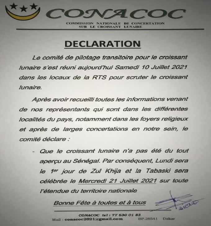 Sénégal : La Tabaski célébrée le mercredi 21 juillet 2021 (Source Officielle)