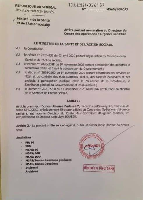Ministère de la Santé / Centre des opérations d’urgence sanitaire: Dr. Abdoulaye Bousso quitte la direction