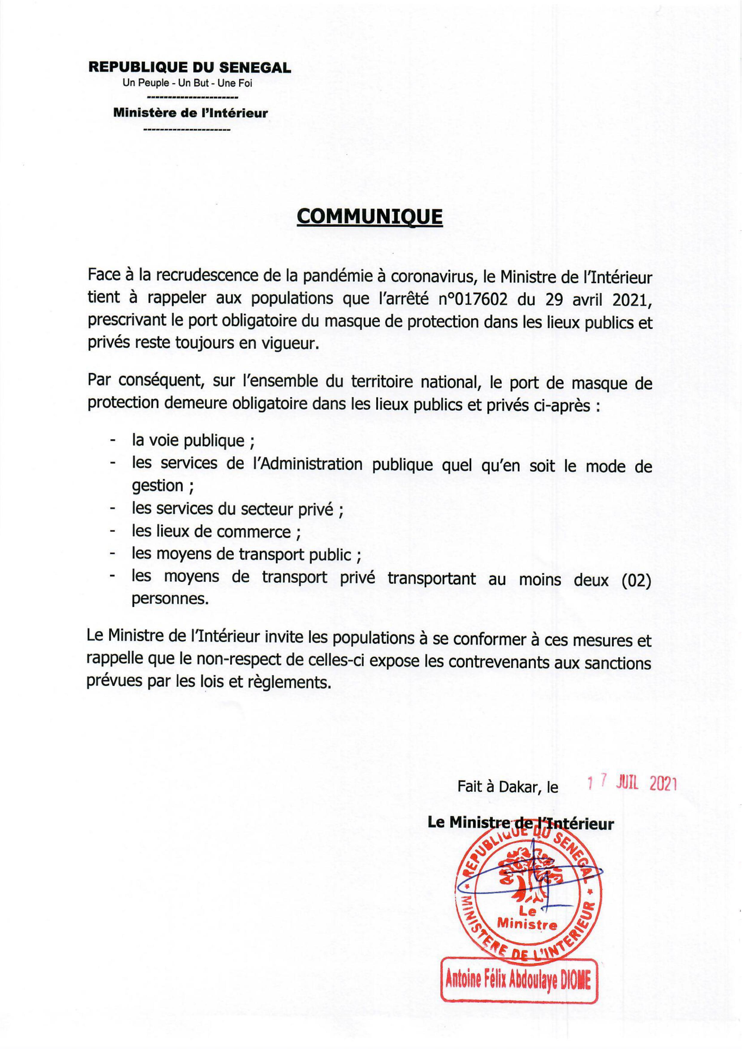 Covid-19 au Sénégal : Le port du masque est obligatoire dans les lieux publics et privés