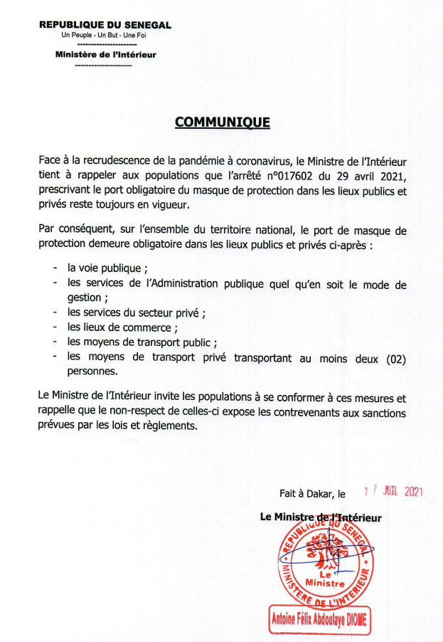 Covid-19: Le Ministre de l'Intérieur brandit le sabre: le port de masque obligatoire dans les...
