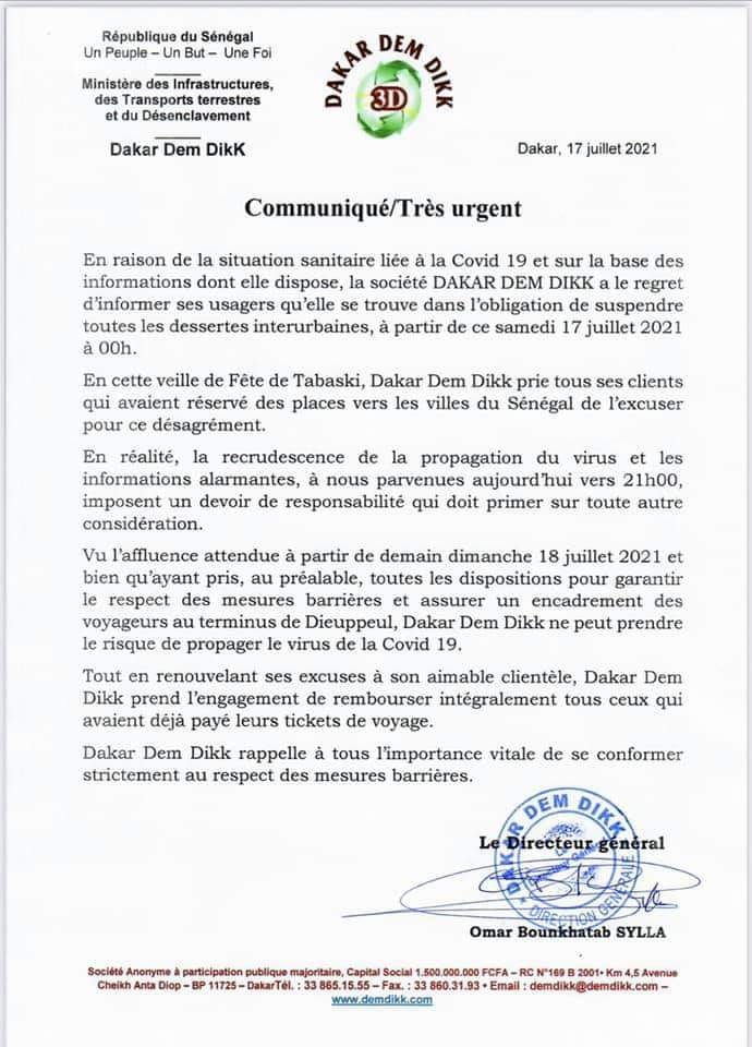 TRANSPORT: DAKAR DEM DIKK SUSPEND SES LIGNES A CAUSE DU COVID