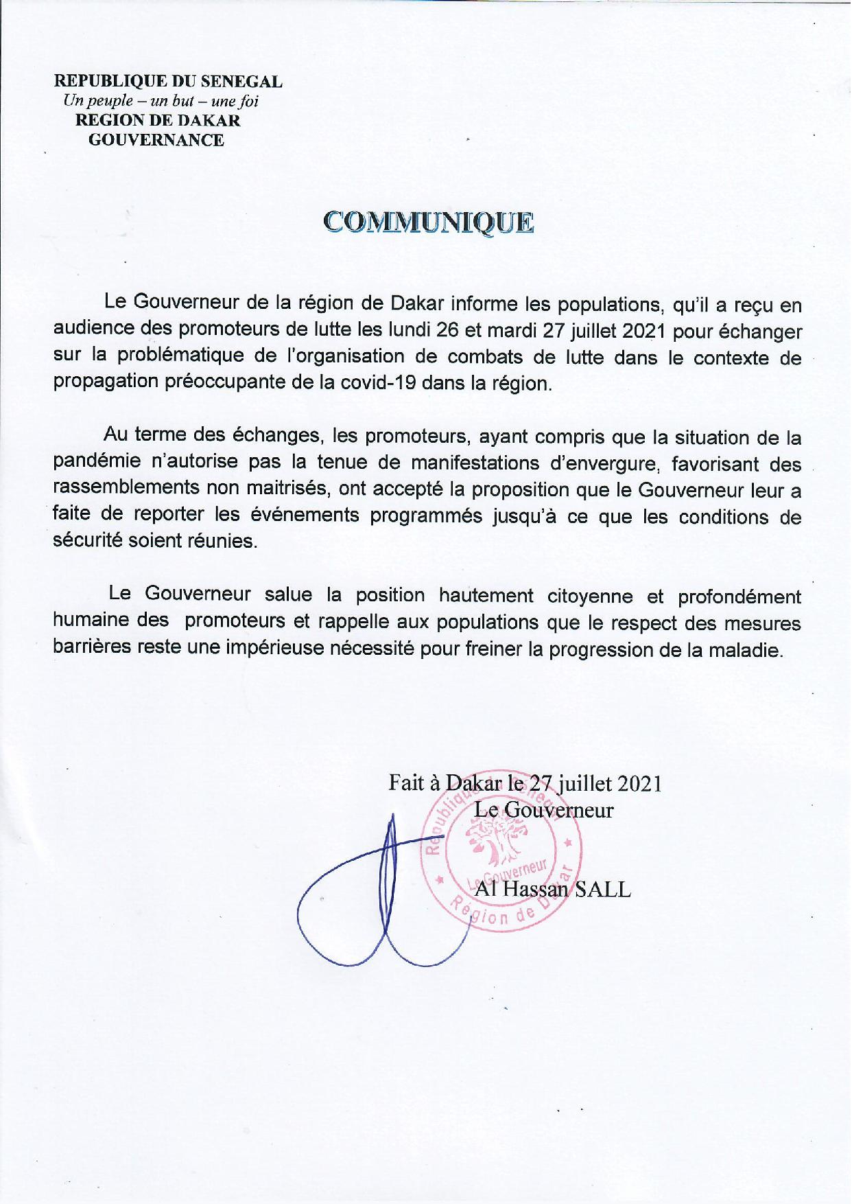Le Gouverneur de Dakar prend ses responsabilités et annule tous les combats de lutte