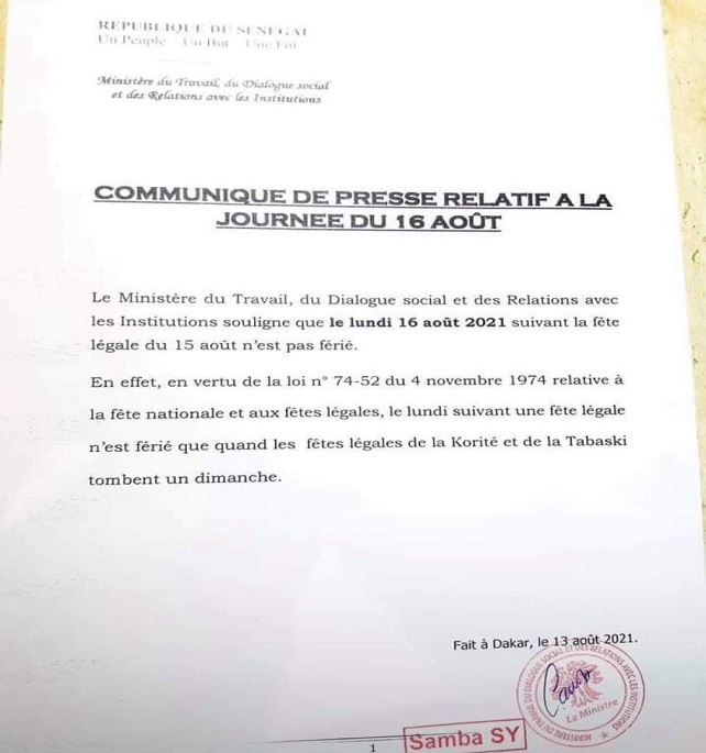 Décision du Ministère du Travail : « Au boulot !  Le 16 août n’est pas férié ! »