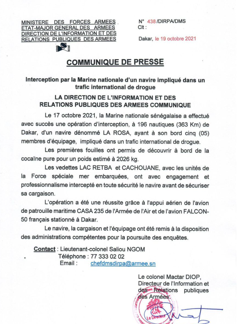 Gros coup de la Marine nationale: 2026 Kgs de cocaïne saisis