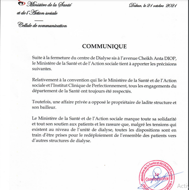 Fermeture du Centre de dialyse de l’avenue Cheikh Anta Diop: Les précisions du ministère de la Santé