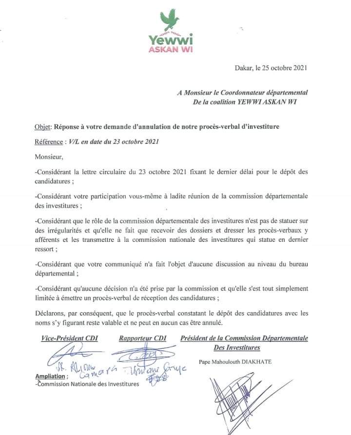 Annulation du procès-verbal: Yewwi Askan Wi oppose son veto à Soham El Wardini