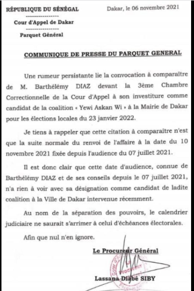 Convocation de Barthélémy Dias / Le Procureur réagit: "Cette audience n'a rien à voir avec sa désignation comme candidat à  la Ville de Dakar"