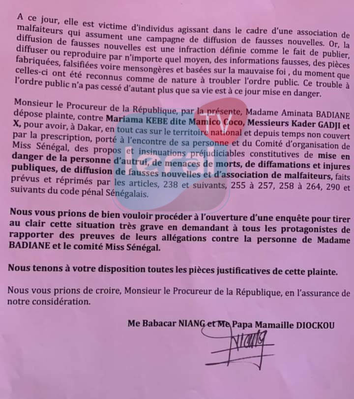 Affaire Miss Sénégal: Pourquoi Aminata Badiane a porté plainte contre Mamico et Messieurs Kader Gadji et X (Document)